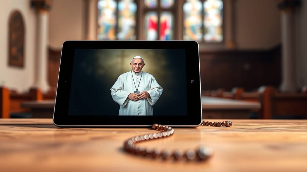 Obraz tablicy ustawionej poziomo wewnątrz kościoła, na ekranie znajduje się wizerunek Jana Pawła II, a z boku różaniec.