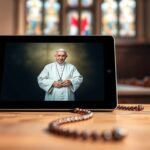 Obraz tablicy ustawionej poziomo wewnątrz kościoła, na ekranie znajduje się wizerunek Jana Pawła II, a z boku różaniec.
