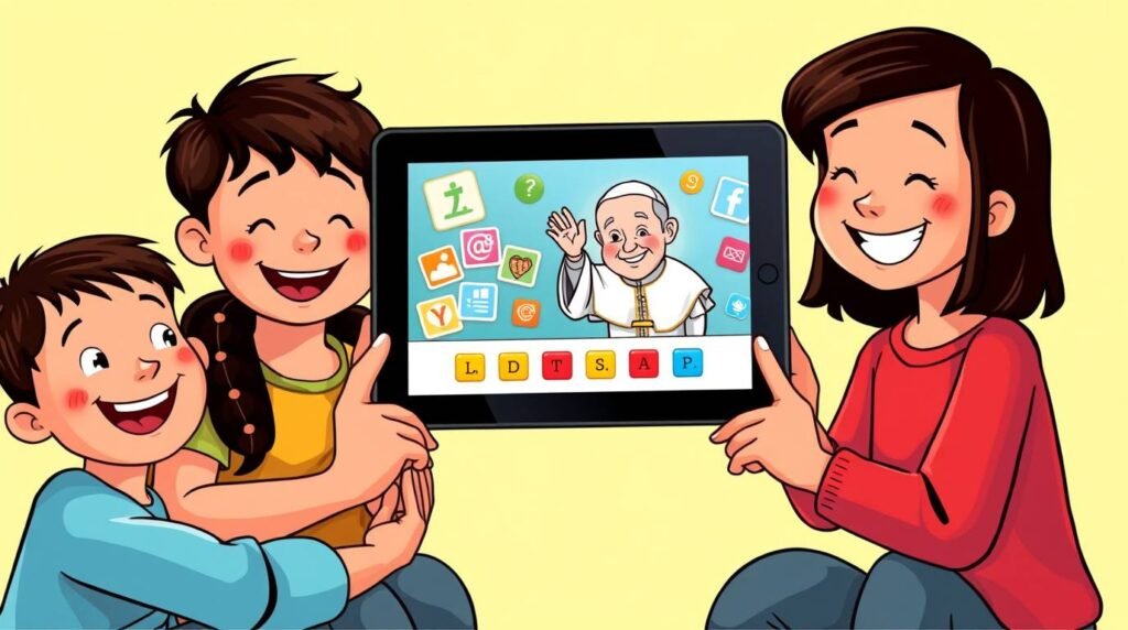 Rysunek w stylu komiksowym przedstawiający dwójkę dzieci z matką trzymającą tablet z wizerunkiem Jana Pawła II i symbolami pytań i quizów.