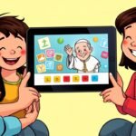 Rysunek w stylu komiksowym przedstawiający dwójkę dzieci z matką trzymającą tablet z wizerunkiem Jana Pawła II i symbolami pytań i quizów.