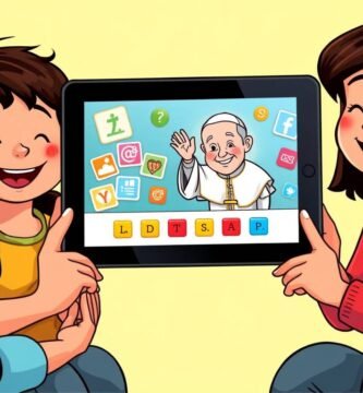 Rysunek w stylu komiksowym przedstawiający dwójkę dzieci z matką trzymającą tablet z wizerunkiem Jana Pawła II i symbolami pytań i quizów.