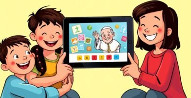 Rysunek w stylu komiksowym przedstawiający dwójkę dzieci z matką trzymającą tablet z wizerunkiem Jana Pawła II i symbolami pytań i quizów.