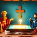 Obraz Józefa, Maryi, Jezusa i postaci biblijnych w pokoju z krzyżem pośrodku. Poniżej znajduje się tablica ze znakiem zapytania i symbolami kwestionariusza. Obraz jest wzorowany na glinianych figurkach.