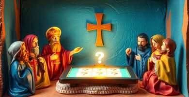 Obraz Józefa, Maryi, Jezusa i postaci biblijnych w pokoju z krzyżem pośrodku. Poniżej znajduje się tablica ze znakiem zapytania i symbolami kwestionariusza. Obraz jest wzorowany na glinianych figurkach.