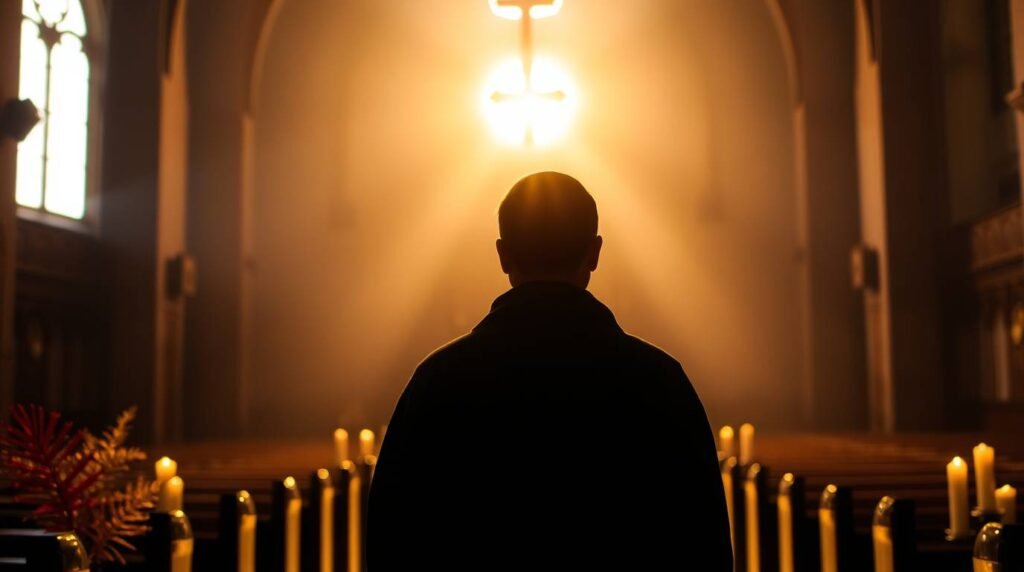 Obraz przedstawiający czarną sylwetkę księdza odwróconego plecami i modlącego się w kościele, z którego krzyża na cokole wydobywa się intensywne światło