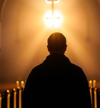 Obraz przedstawiający czarną sylwetkę księdza odwróconego plecami i modlącego się w kościele, z którego krzyża na cokole wydobywa się intensywne światło