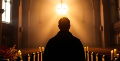 Obraz przedstawiający czarną sylwetkę księdza odwróconego plecami i modlącego się w kościele, z którego krzyża na cokole wydobywa się intensywne światło