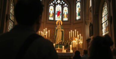Zbliżenie mężczyzny odwróconego plecami i modlącego się w kościele, na cokole znajduje się obraz Matki Boskiej otoczony zapalonymi białymi świecami