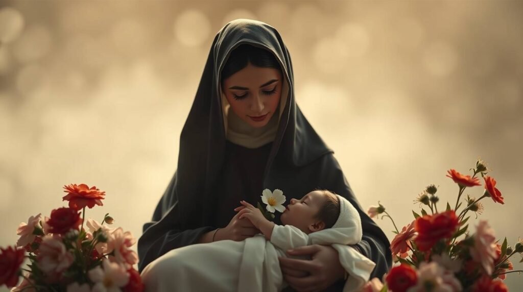 Obraz Matki Boskiej trzymającej w rękach dziecko, otoczone czerwonymi kwiatami na rozmytym, jasnym tle.