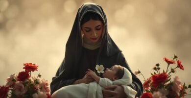 Obraz Matki Boskiej trzymającej w rękach dziecko, otoczone czerwonymi kwiatami na rozmytym, jasnym tle.