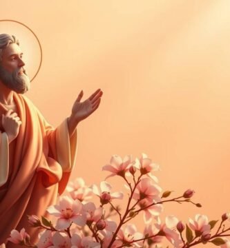 Obraz przedstawiający księdza modlącego się do nieba, otoczonego różowymi kwiatami i intensywnie świecącym niebem, wszystko na jasnoróżowym tle