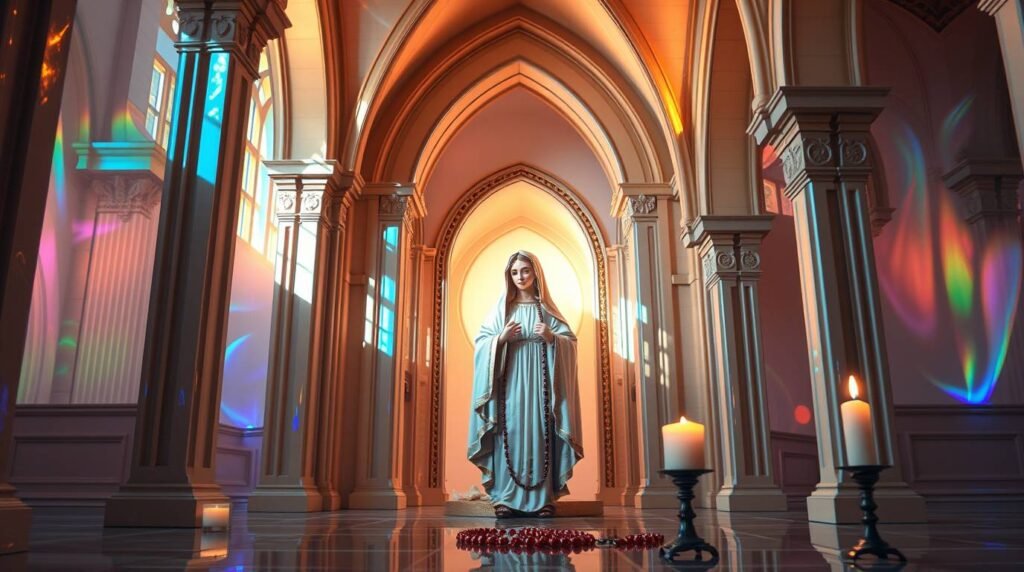 Obraz przedstawiający pokój z wizerunkiem Matki Boskiej, kolorowe światła wpadające przez okna i zapalone świece wokół