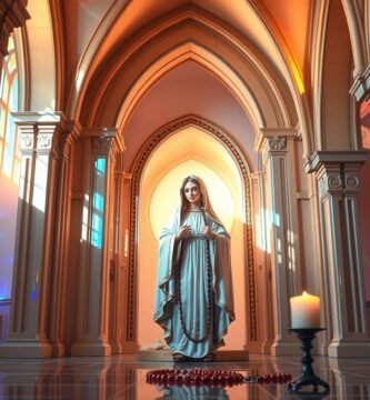 Obraz przedstawiający pokój z wizerunkiem Matki Boskiej, kolorowe światła wpadające przez okna i zapalone świece wokół