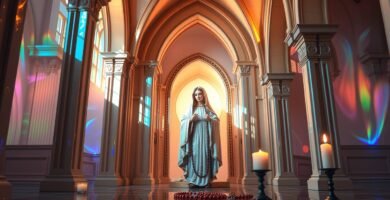 Obraz przedstawiający pokój z wizerunkiem Matki Boskiej, kolorowe światła wpadające przez okna i zapalone świece wokół