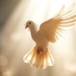 Obraz przedstawiający białą gołębicę w locie na tle rozmytego jasnego światła
