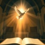 Obraz białej gołębicy lecącej wewnątrz kościoła, zza której wydobywa się jasne światło, a pod nią znajduje się otwarta Biblia.