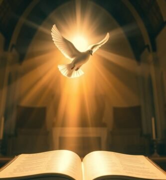 Obraz białej gołębicy lecącej wewnątrz kościoła, zza której wydobywa się jasne światło, a pod nią znajduje się otwarta Biblia.