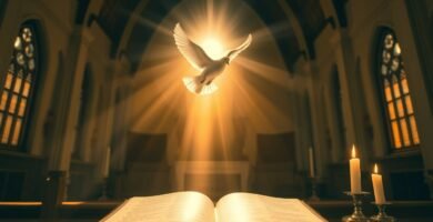 Obraz białej gołębicy lecącej wewnątrz kościoła, zza której wydobywa się jasne światło, a pod nią znajduje się otwarta Biblia.