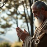 Obraz przedstawiający modlącego się starca z krzyżem na ramieniu, na tle rozmytego pola i horyzontu