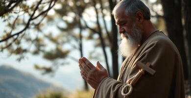 Obraz przedstawiający modlącego się starca z krzyżem na ramieniu, na tle rozmytego pola i horyzontu