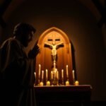 Obraz przedstawia księdza modlącego się w klasztorze, na cokole znajduje się figura Chrystusa na krzyżu, a pomieszczenie pod obrazem oświetlają świece.