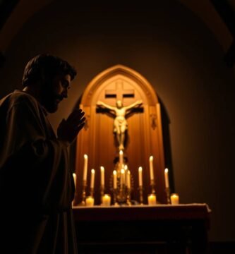 Obraz przedstawia księdza modlącego się w klasztorze, na cokole znajduje się figura Chrystusa na krzyżu, a pomieszczenie pod obrazem oświetlają świece.