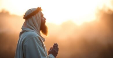 Obraz przedstawia mężczyznę w białym habicie, modlącego się, patrzącego w niebo, na które pada intensywne światło, a w tle widać rozmazane pole.