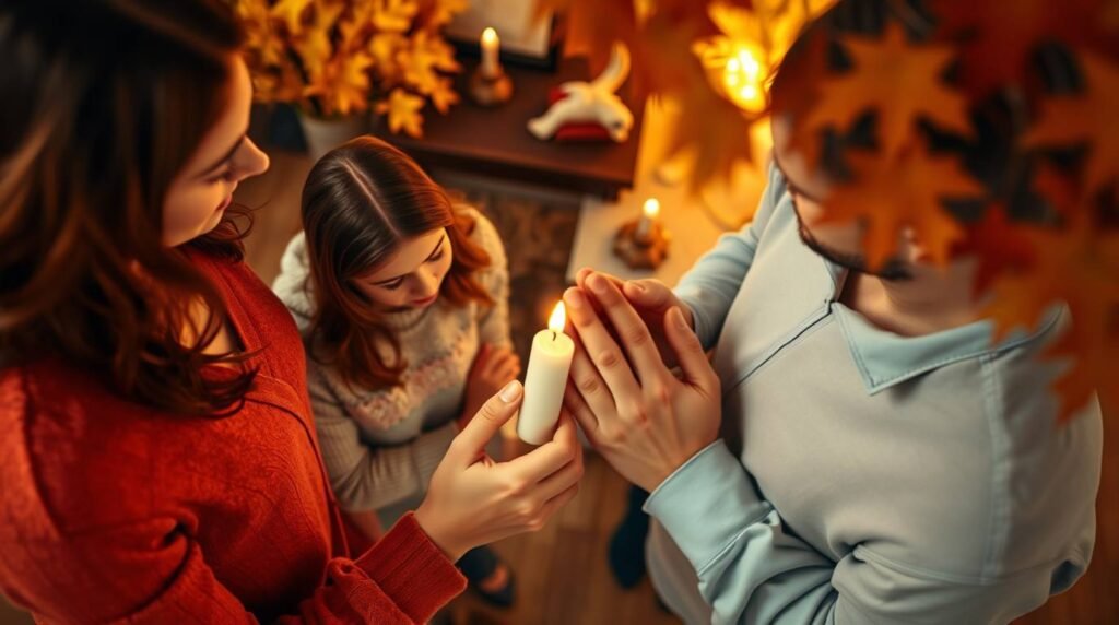 Ujęcie z góry przedstawiające modlącą się rodzinę ze świecami w rękach i kwiatami nad nimi.