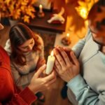 Ujęcie z góry przedstawiające modlącą się rodzinę ze świecami w rękach i kwiatami nad nimi.