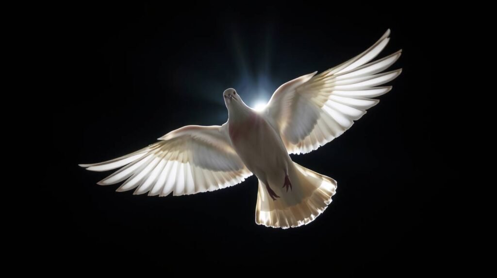 Obraz białego gołębia lecącego w całkowicie ciemnej przestrzeni z małym białym światłem za nim