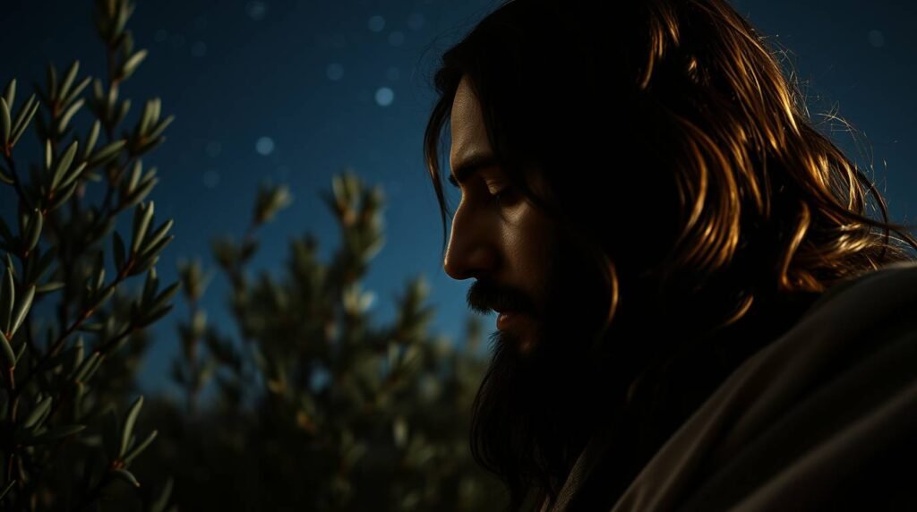 Zbliżenie przedstawiające Jezusa Chrystusa modlącego się z zamkniętymi oczami, w otoczeniu drzew nocą.