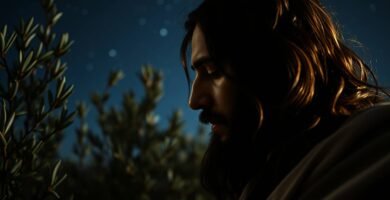 Zbliżenie przedstawiające Jezusa Chrystusa modlącego się z zamkniętymi oczami, w otoczeniu drzew nocą.