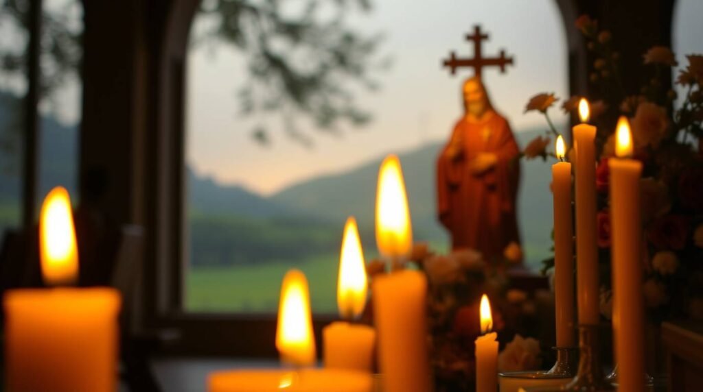 Obraz przedstawiający Chrystusa obok krzyża w tle, na pierwszym planie zapalone świece