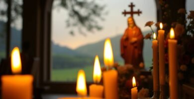 Obraz przedstawiający Chrystusa obok krzyża w tle, na pierwszym planie zapalone świece