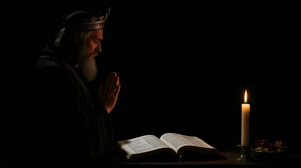 Obraz przedstawiający księdza modlącego się z zamkniętymi oczami obok otwartej Biblii, zapalonej świecy i owoców. W tle znajduje się ciemne, niczym smoła pomieszczenie, w którym nie widać nic poza modlącym się księdzem.