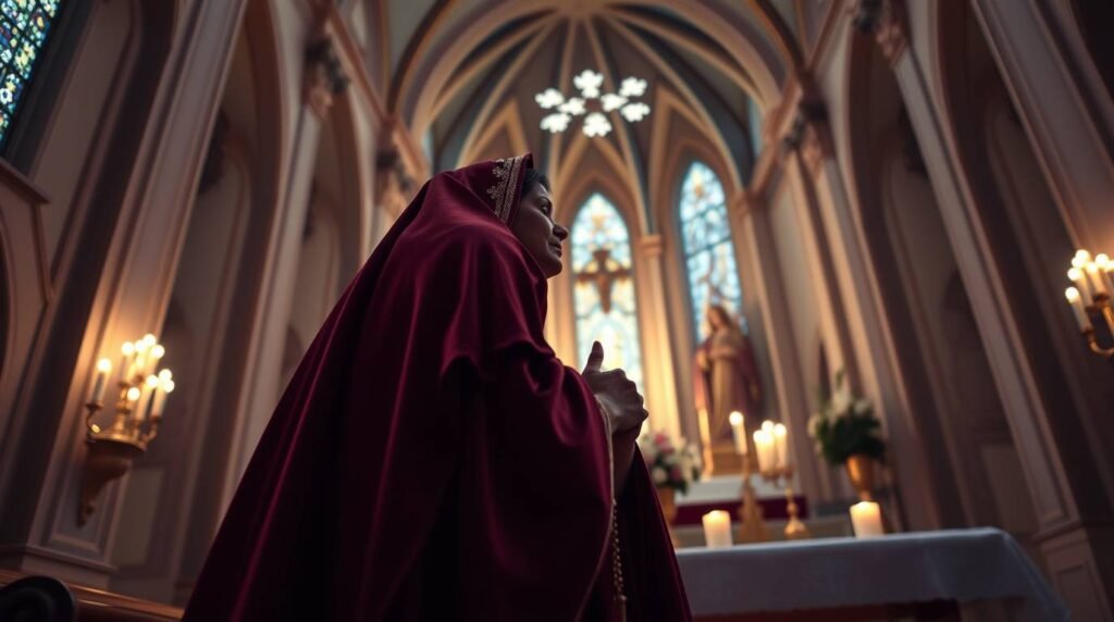 Ujęcie z góry przedstawiające kobietę w czerwonym habicie modlącą się w kościele, w tle widoczne są figury Jezusa, Maryi i zapalone świece.