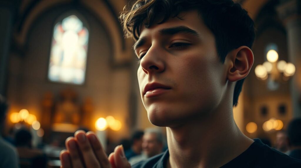 Obraz przedstawiający młodego mężczyznę modlącego się z zamkniętymi oczami w kościele, w trakcie mszy.