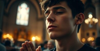 Obraz przedstawiający młodego mężczyznę modlącego się z zamkniętymi oczami w kościele, w trakcie mszy.