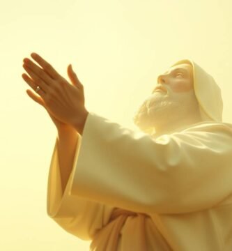 Obraz na jasnym tle o boskim i religijnym charakterze przedstawiający starszego mężczyznę w białym habicie modlącego się do nieba