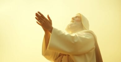 Obraz na jasnym tle o boskim i religijnym charakterze przedstawiający starszego mężczyznę w białym habicie modlącego się do nieba