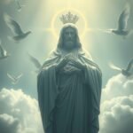 Obraz przedstawiający posąg Chrystusa w marmurowej koronie, wokół której latają białe gołębie, w tle niebo, z którego spływa boskie światło