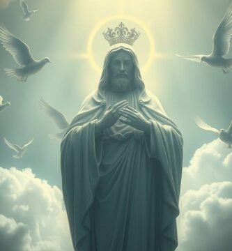 Obraz przedstawiający posąg Chrystusa w marmurowej koronie, wokół której latają białe gołębie, w tle niebo, z którego spływa boskie światło