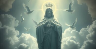 Obraz przedstawiający posąg Chrystusa w marmurowej koronie, wokół której latają białe gołębie, w tle niebo, z którego spływa boskie światło