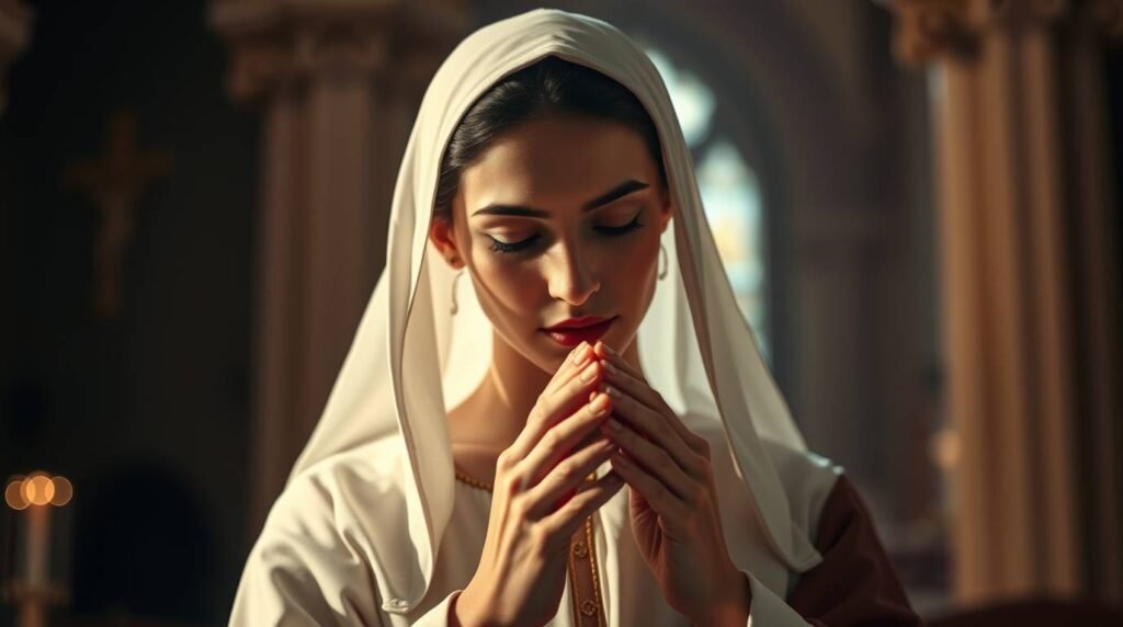 Obraz Matki Boskiej modlącej się w kościele z zamkniętymi oczami i światłem oświetlającym lewą stronę jej twarzy