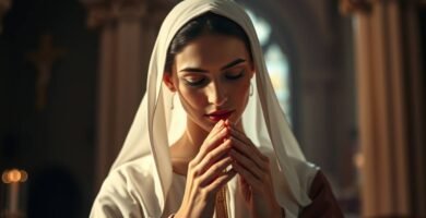 Obraz Matki Boskiej modlącej się w kościele z zamkniętymi oczami i światłem oświetlającym lewą stronę jej twarzy