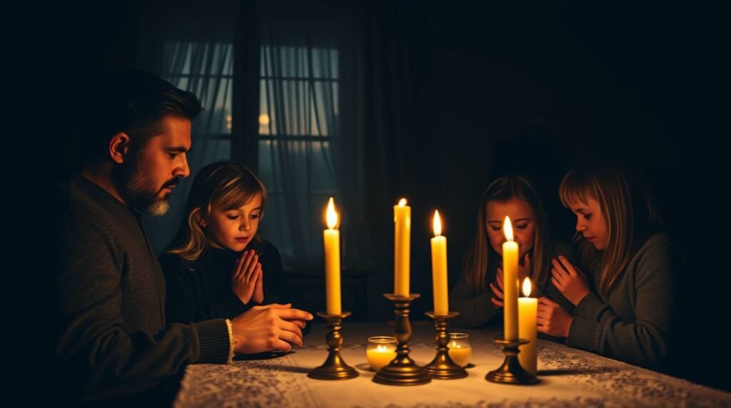 Obraz ojca modlącego się o zmierzchu przy stole ze swoimi córkami, oświetlonym świecami w środku.
