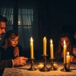 Obraz ojca modlącego się o zmierzchu przy stole ze swoimi córkami, oświetlonym świecami w środku.