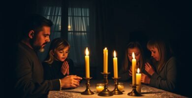 Obraz ojca modlącego się o zmierzchu przy stole ze swoimi córkami, oświetlonym świecami w środku.