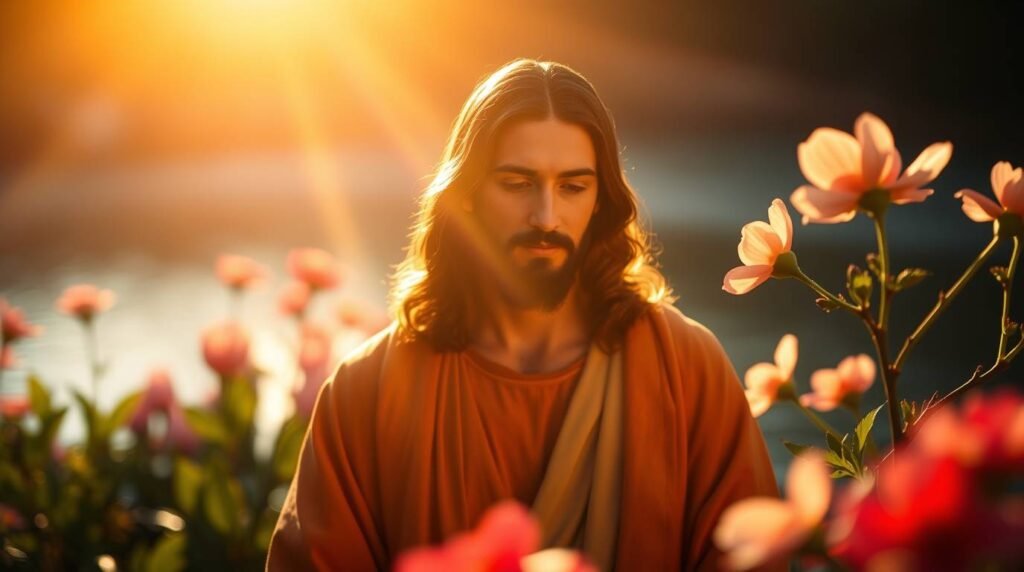 Obraz Jezusa z Nazaretu na polu otoczonym czerwonymi i różowymi kwiatami oraz boskim światłem spadającym z nieba po lewej stronie i oświetlającym Go