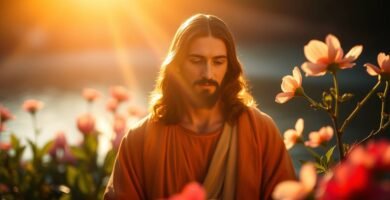 Obraz Jezusa z Nazaretu na polu otoczonym czerwonymi i różowymi kwiatami oraz boskim światłem spadającym z nieba po lewej stronie i oświetlającym Go